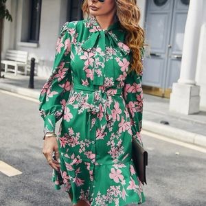 Floral Print Puff Sleeve Ruffle Hem Tie Neck Belted Dress